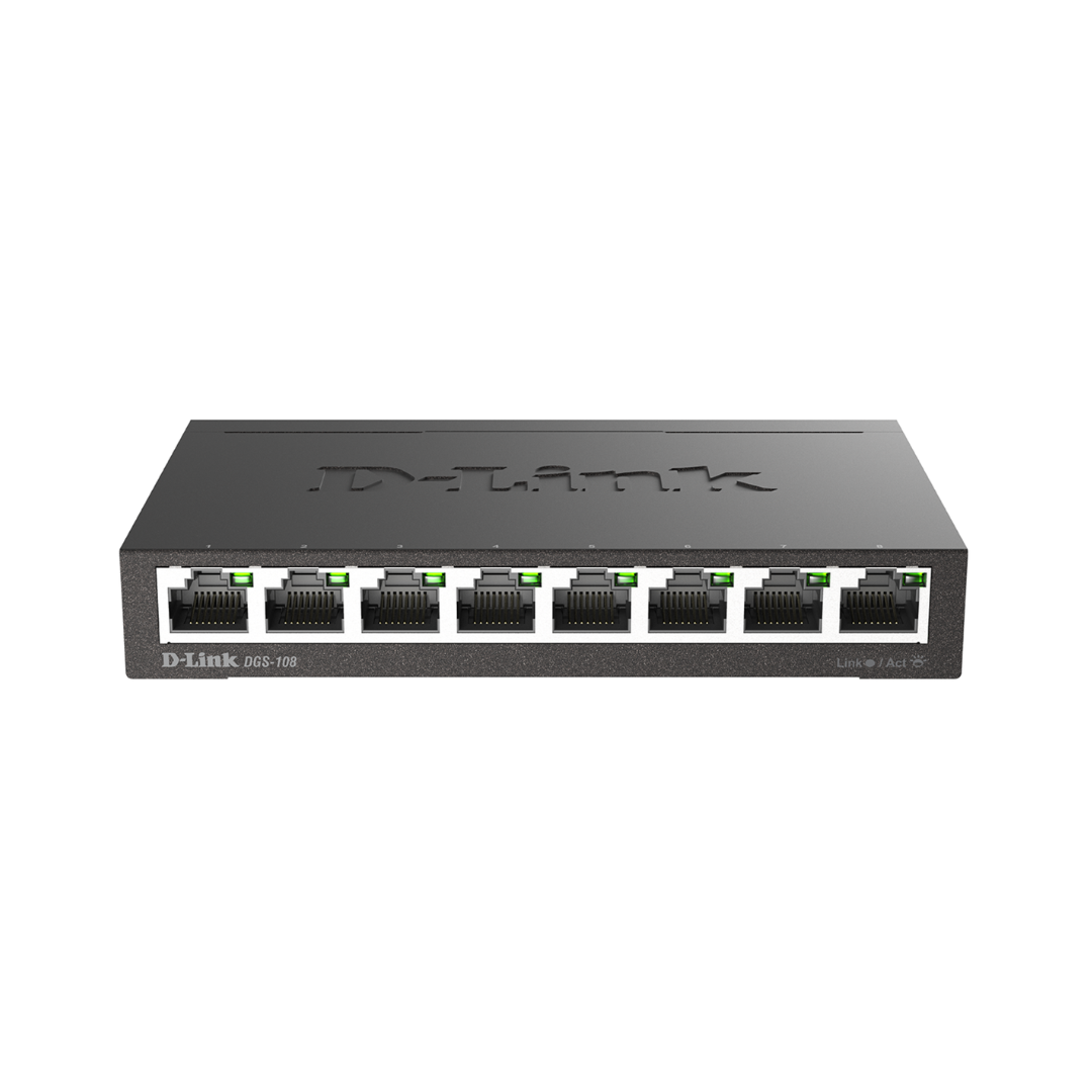 D-Link network switch with eight ports on a white background